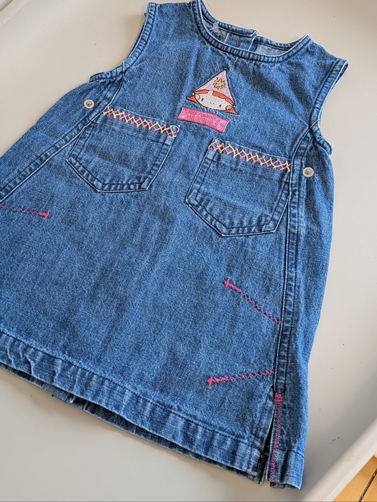 Souris Mini Other - VINTAGE - Souris Mini - 12M  Denim Pinafore Dress with Embroidered Pink Girly